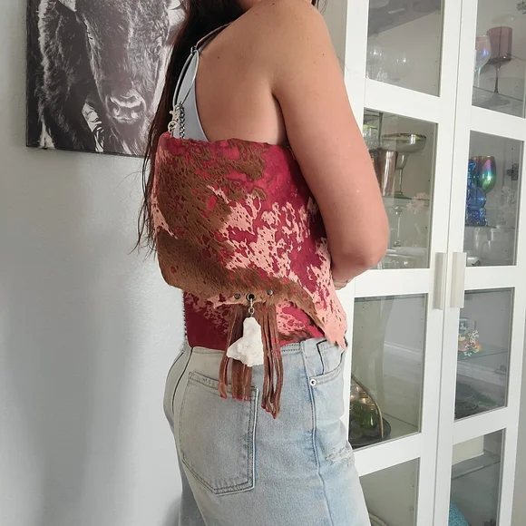 Pink-Brown Distressed Leather Crossbody Bag with Tassel - Picture 2 of 4